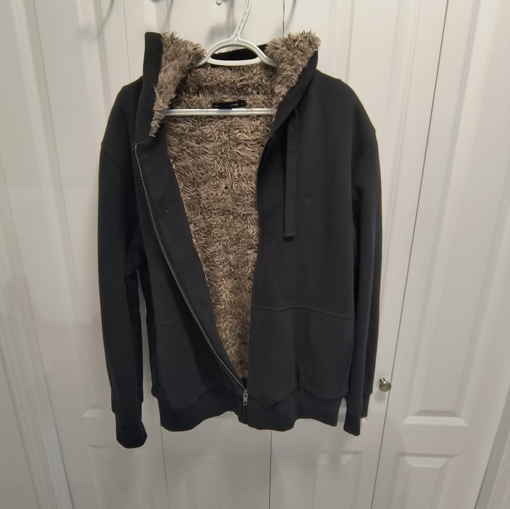 Cozy French Connection Blue-Black Hoodie with Faux Fur Lining